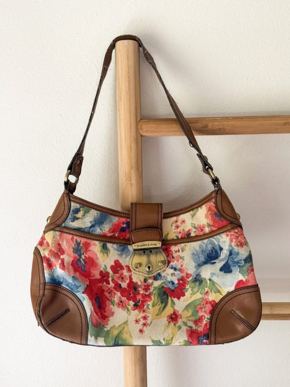 Etienne Aigner Vintage Floral Canvas Leather Trim Shoulder Bag